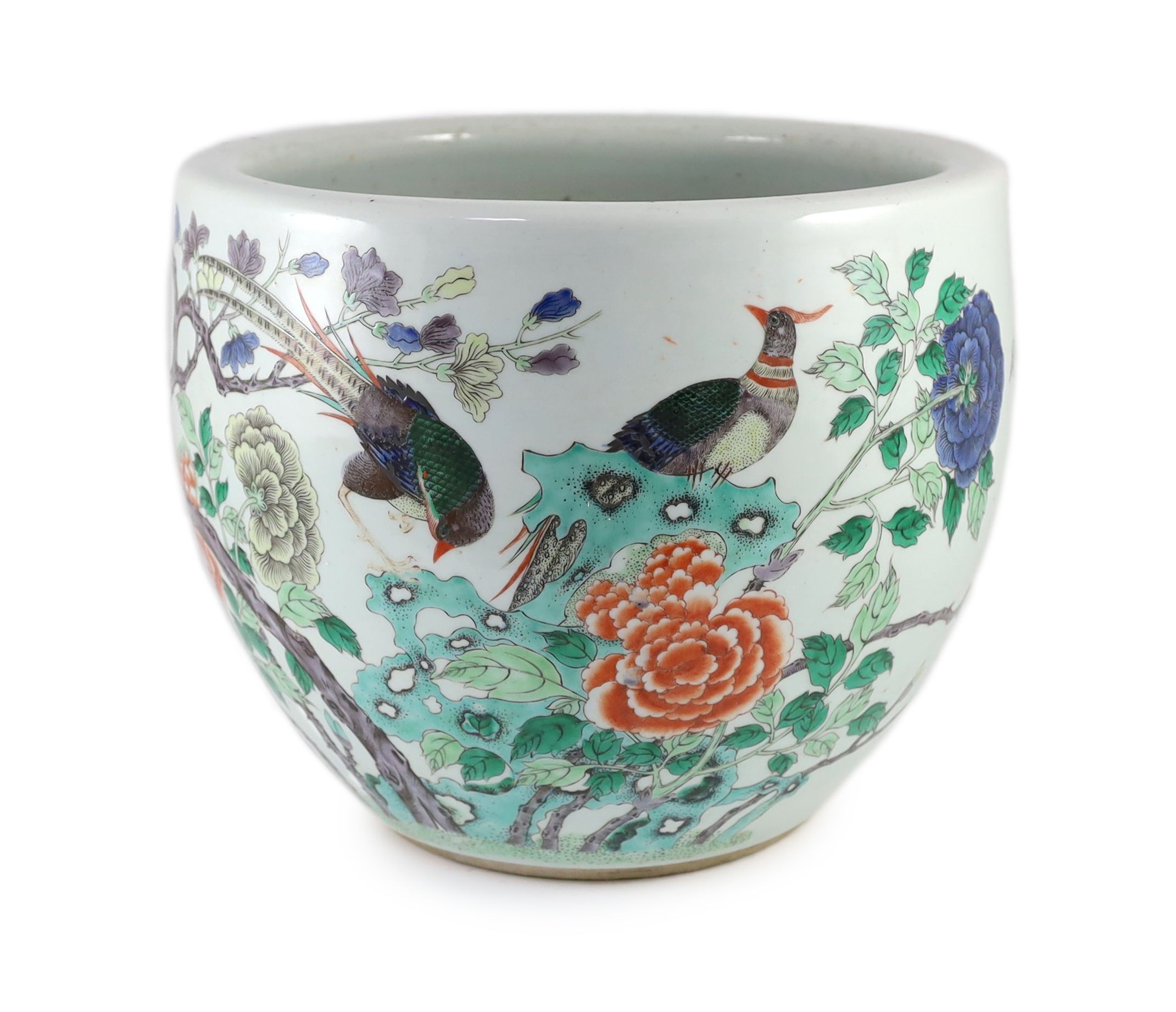A Chinese famille verte jardiniere or fishbowl, late 19th century, 30.5 cm high, 38 cm diameter